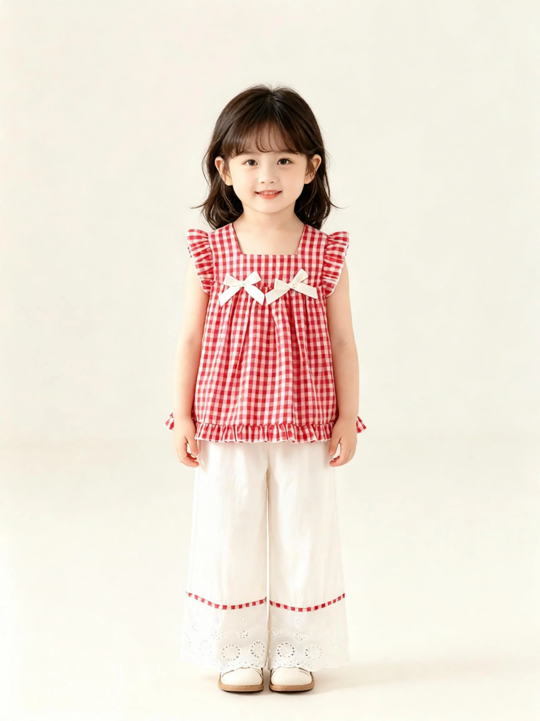 Girls 2-Piece Set Bow Decoration Vest Top And Elastic Pants Cute Refreshing Daily Wear Summer Outfit for Kids