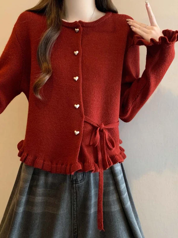 Wine Red Bell Sleeve Knitted Sweater Women's Early Spring New Large Size Fashionable Ear Look  Top Shoulder Correct