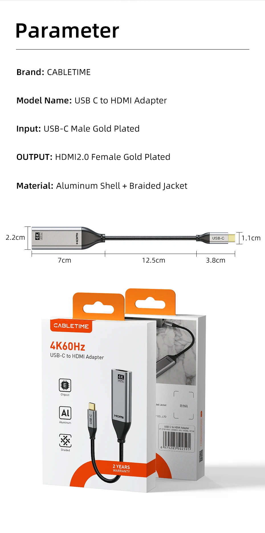 CABLETIME HDMI zu USB Typ C Adapter 4K 60Hz USB 3.1 für iPhone MacBook Pro Air iPad Samsung USB C zu HDMI Konverterkabel – Detail 9