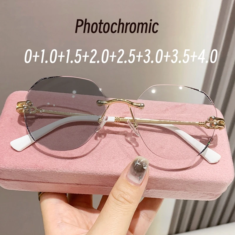 Light Sensitive Color Changing Presbyopia Glasses Frameless Fashion Cut Edge Women's Reading Glasses Elderly Presbyopia Glasses