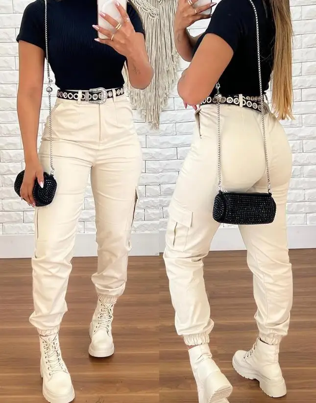 Womens Cargo Pants 2023 Summer Casual High Waist Pocket Design Fashion Cuffed Pants for women All-Match Female Streetwear