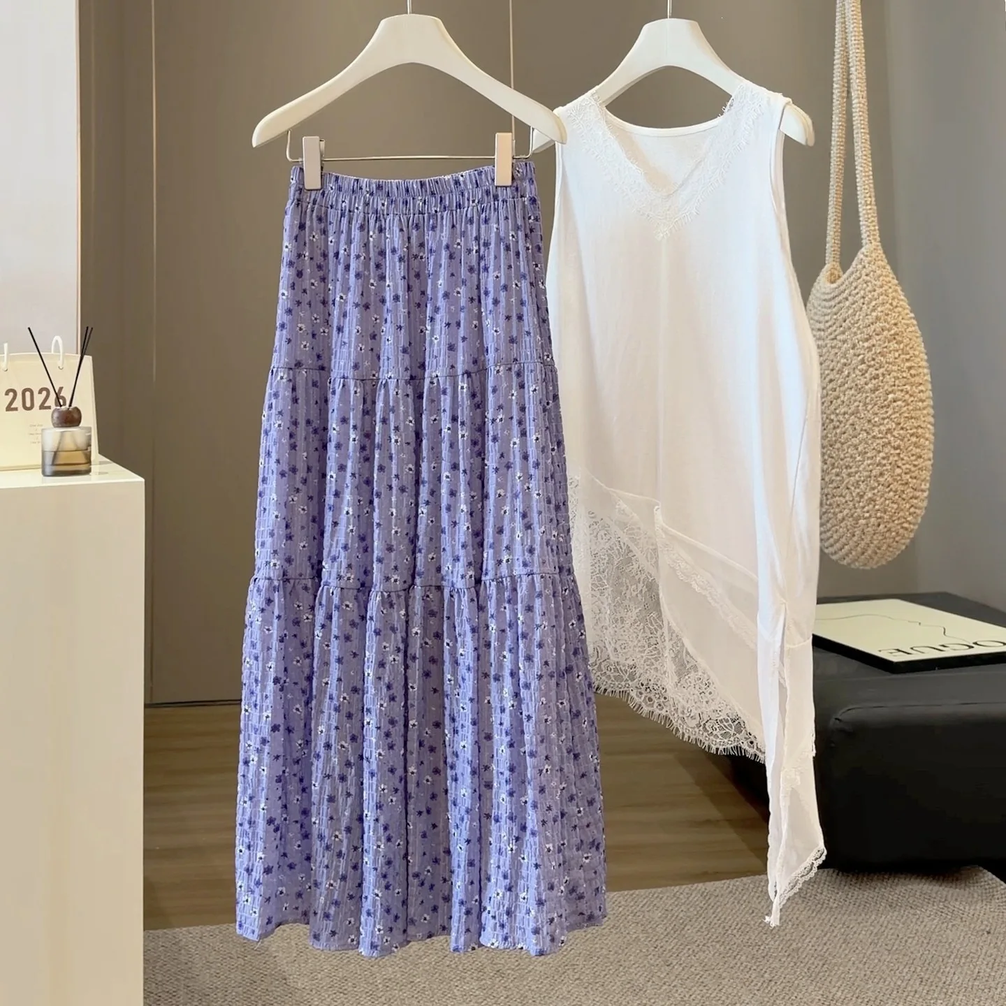Harajuku Purple Floral Tiered Cake Skirt Elastic Waist Casual Summer Boho A-line Maxi Skirt Mori Girl Countryside Garden Outfits
