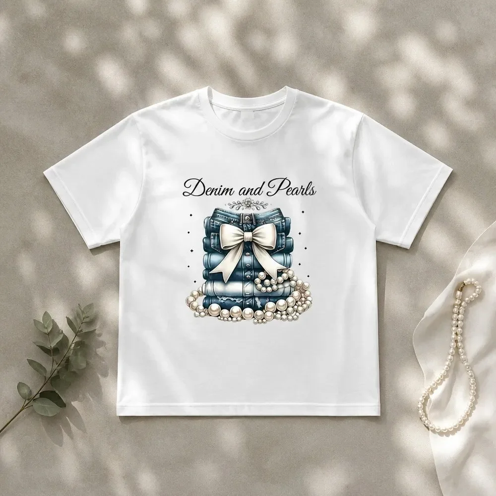 Women's Denim Pearl Print Crew Neck Short Sleeve Shirt | Casual and Stylish Top, Fashionable Women's Clothing, Ideal for Birthdays and Holiday Gifts, A Summer Must-have.