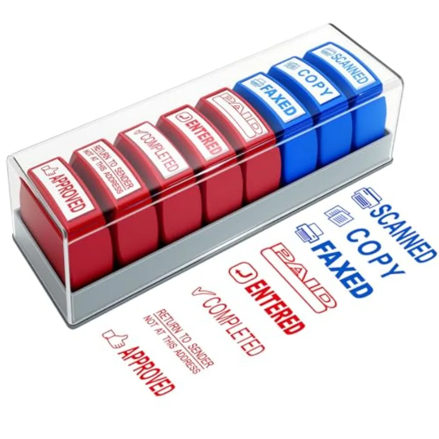8PCS Office Stamps Set, ned Approved Copy Faxed Completed ed Return to Sender Message Stamp with Storage Tray, Rubber Business