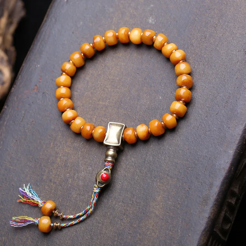 Vintage Yak Bone Bracelet Men With Large , Single Loop, Glass Root , Spacer Beads, And Copper Three-Way Connector
