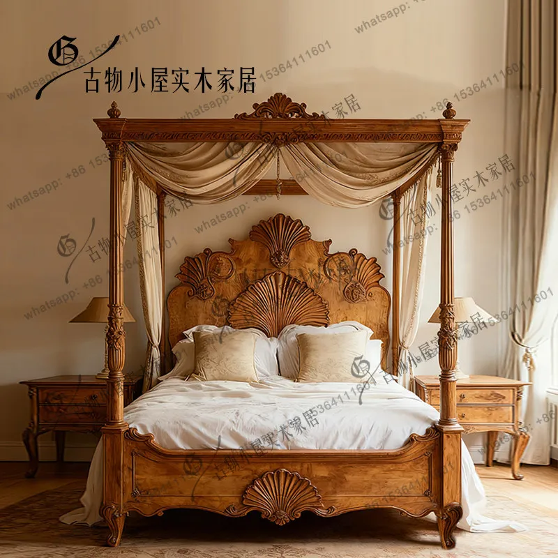 French light luxury solid wood bed/log color retro simple light luxury double bed/custom