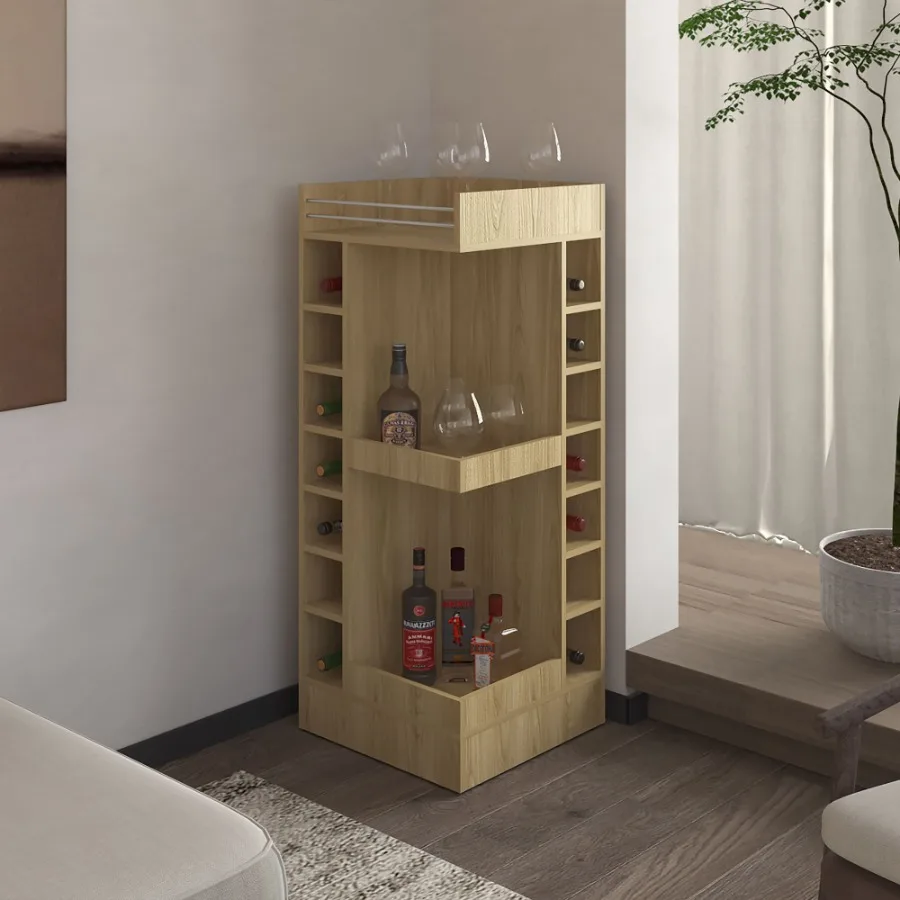 

Угловой барный шкаф FM FURNITURE Lamer с винной полкой и открытой полкой из натурального дуба для кухни или гостиной, прочный деревянный шкаф для хранения