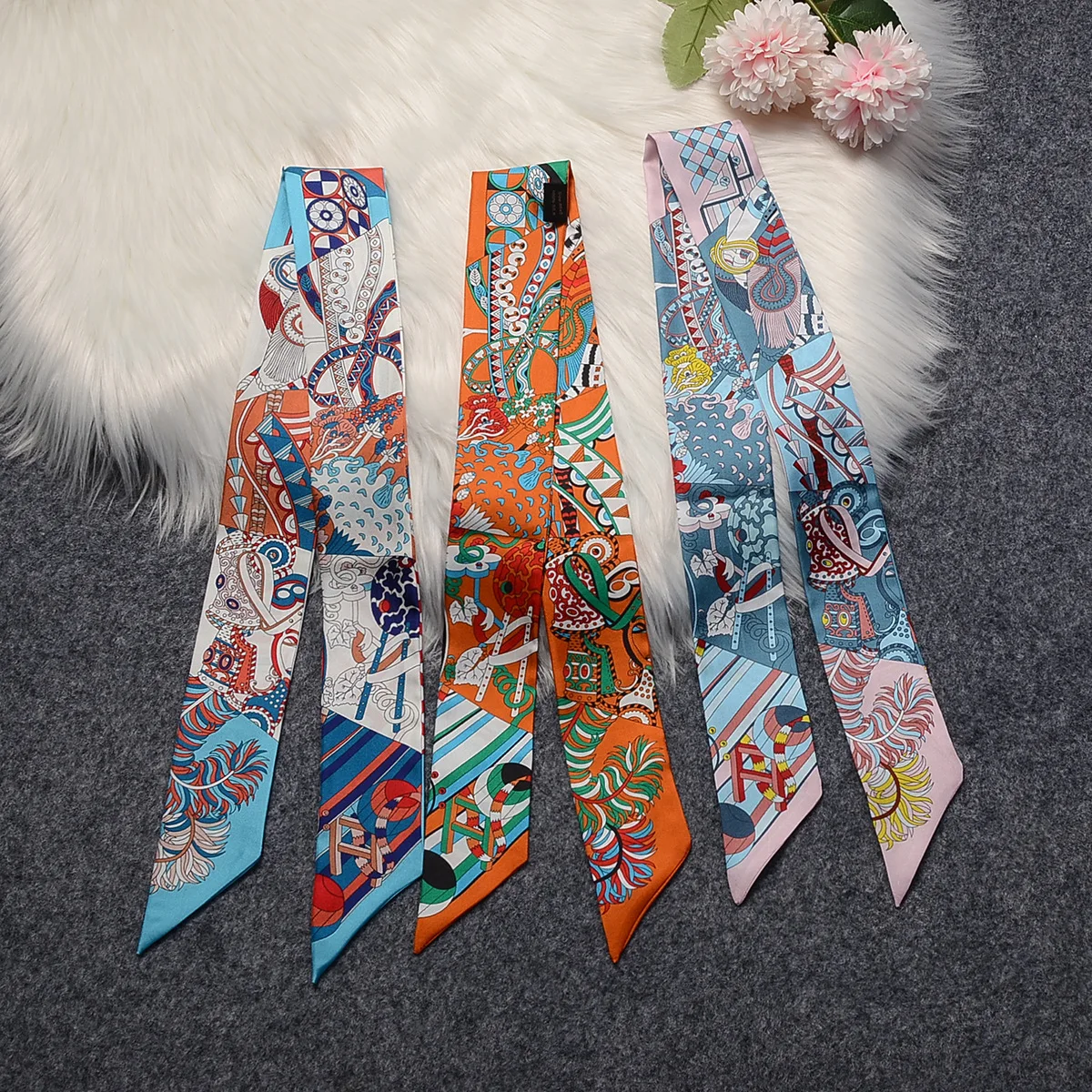 2022 New 100% Silk Scarf Women Luxury Natural Silk Slender Hair Band Bags Scarves Foulard Fashion Turban Headband