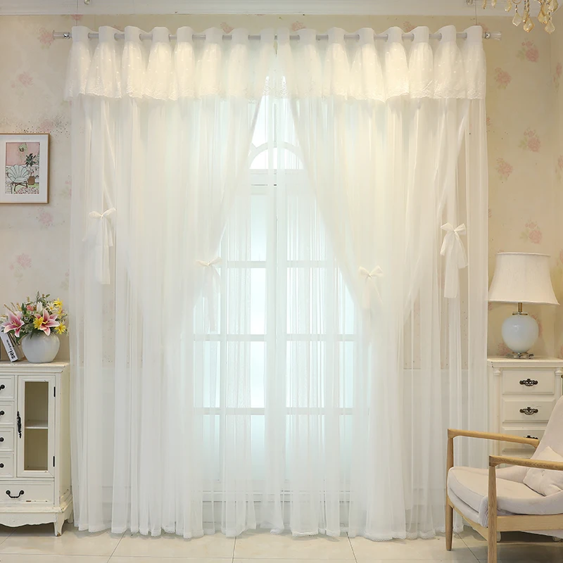 Brand New Solid White Multi-layer Semi-blackout Curtain with Bowties 3 Layers Korean Princess Voile Curtains for Girl's Bedroom