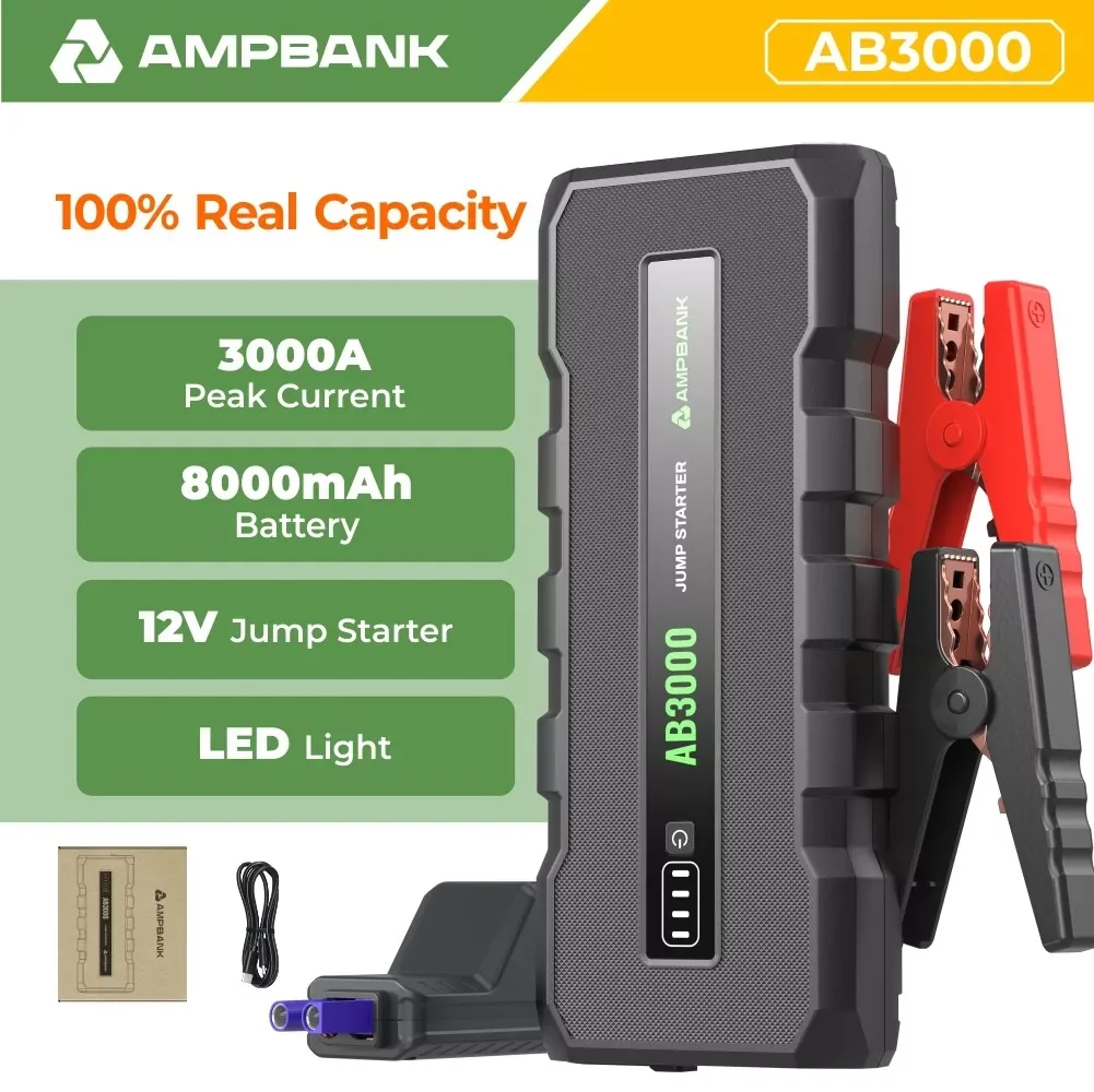 AMPBANK AB3000 12V Car Jump Starter Battery Charger Power Bank Portable 3000A Auto Booster Pack