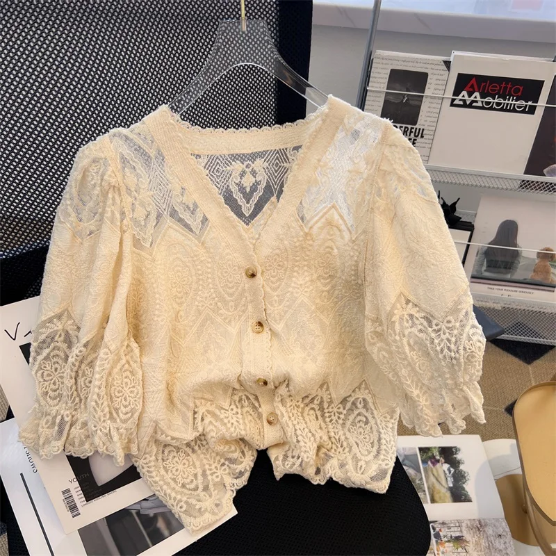 Sheer Lace Puff Sleeve Blouse for Women See-through Embroidered Button Front Shirts Tops Summer Korean Faschion Elegant Outfit