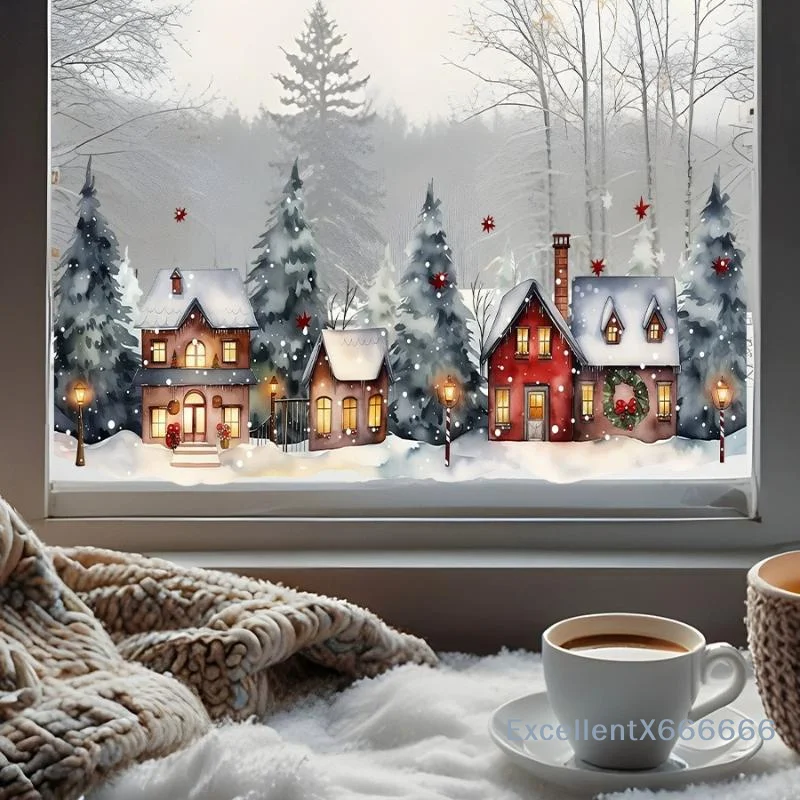 Comfortable Winter Watercolor Village Window Stickers Snow House Pine Tree Streetlights Christmas Glass Decorative Patterns