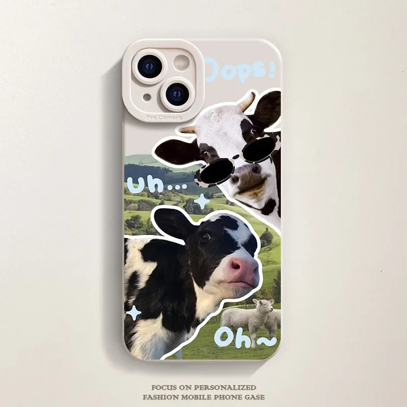 Korean Cute Collage Sunglasses Cow Phone Case For iPhone 16 15 14 13 12 Pro Max 11 Lovely Cool Silicone Shockproof Soft Cover