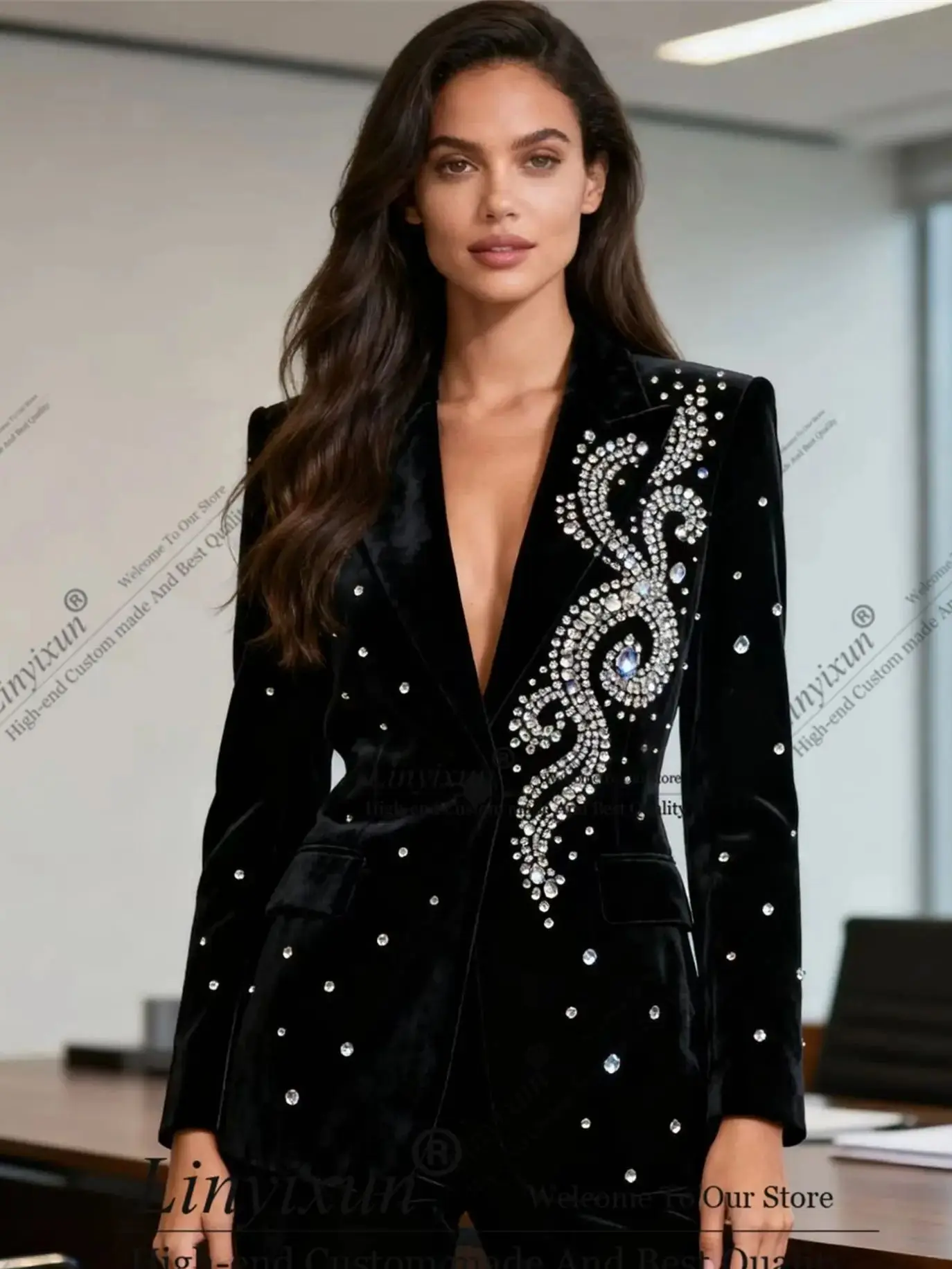 

Luxury Ornament Diamonds Rhinestones Customized Women's Suit 2 Pieces пиджак женски Slim Womens Clothing Pant