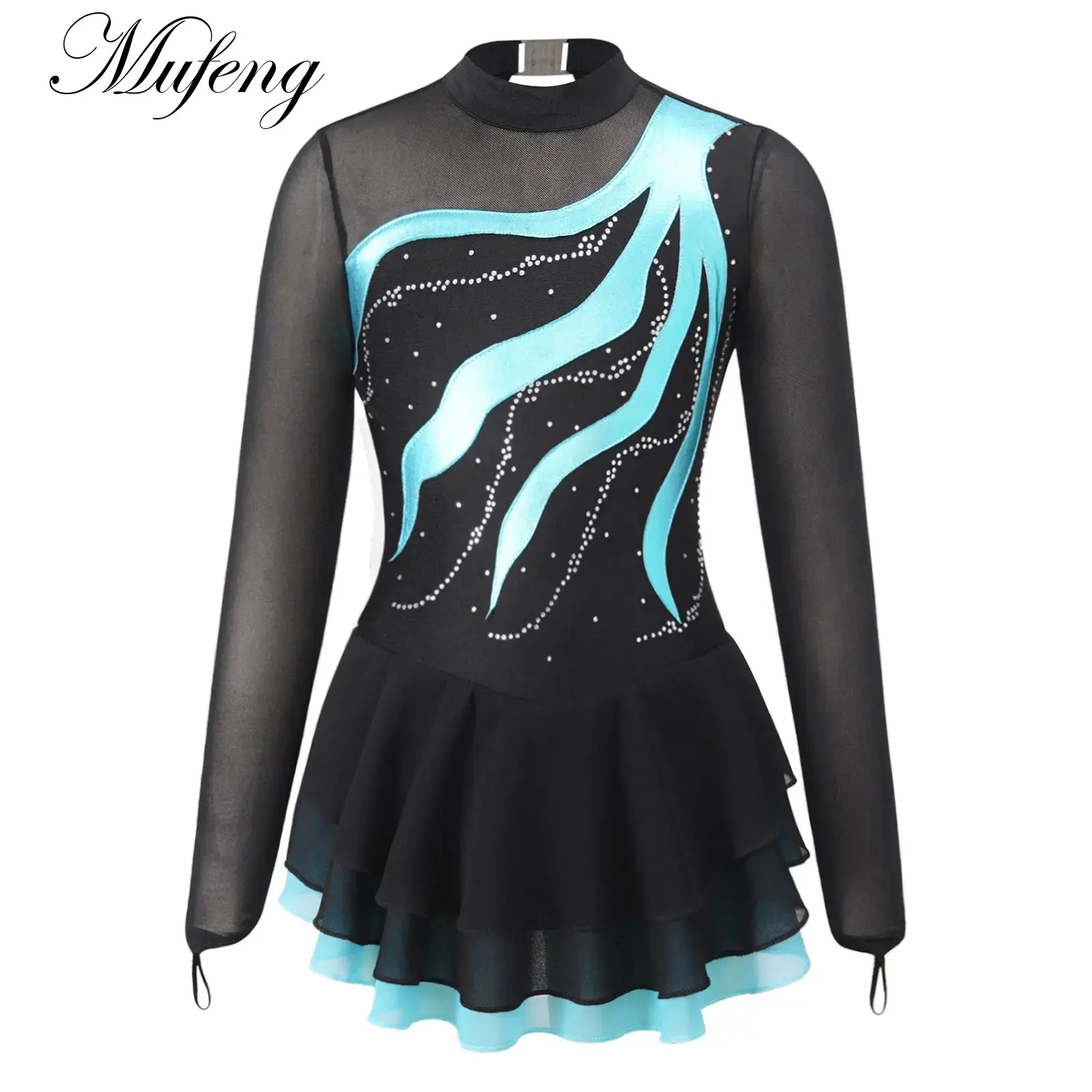 Rhinestone Figure Skating Dress Kid Girl Long Sleeve Bronzing Ballet Gymnastics Leotard Ballroom Competition Dancewear Costume