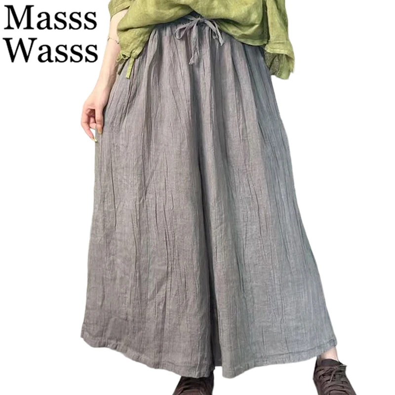 

Masss Wasss 2026 Spring Fashion Soild Cotton Linen Pants Women Vintage Classic Wide Leg Trousers Ladies Oversized Casual Clothes