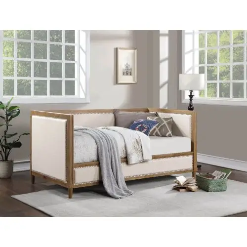 # Upholstered Foldable 1pc Day Bed Light Oak Bed Frame Trim Bedroom Furniture Mattress Living Room Hotel