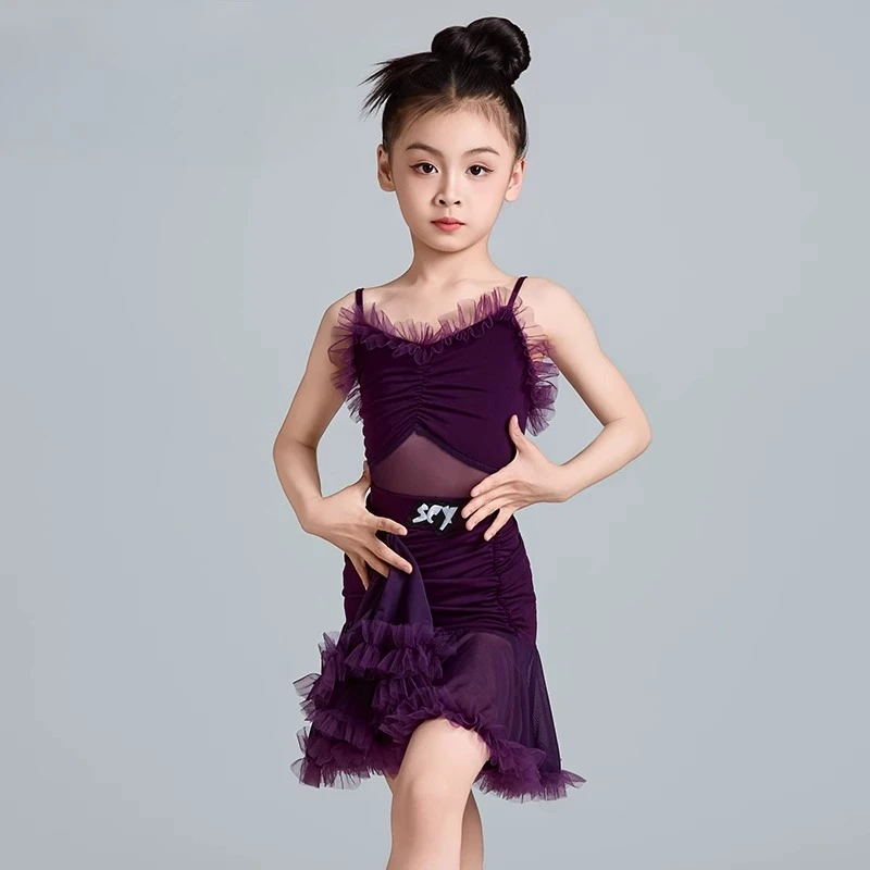 

Children's performancecostumes, new summerchildren'spractice clothes for girls,and popular purple and stylish Latin dance skirts