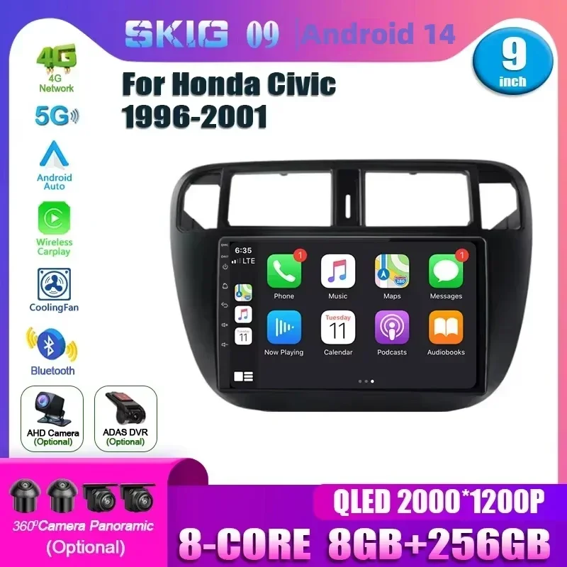 Android 14 For Honda Civic 1996-2001 Wireless Bluetooth Carplay Stereo 4G GPS Car Radio Multimedia Navigation Head Unit Screen