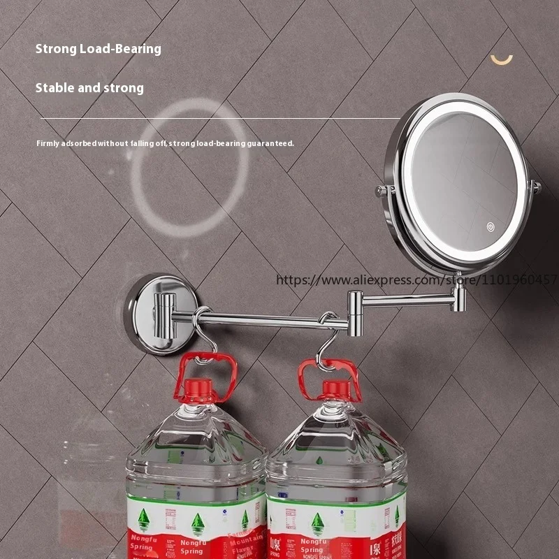 กระจกแต่งหน้าติดผนังแบบพับได้สำหรับห้องน้ำ โรงแรม ไม่ต้องเจาะผนัง กระจกสองด้านพร้อมไฟ LED ขยายภาพ กระจกแต่งหน้าสำหรับร้านเสริมสวย