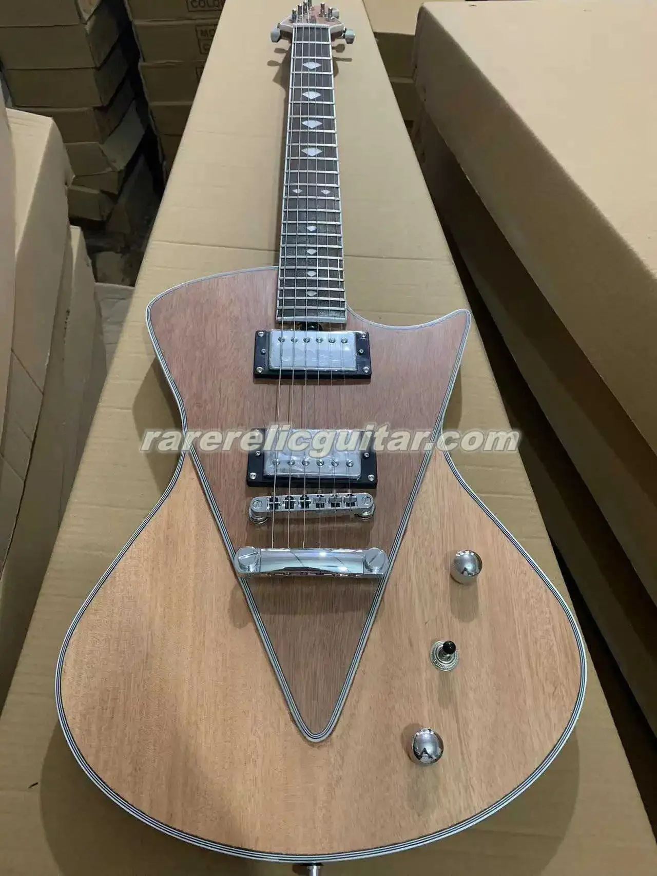 Rare Armada Divided Satin Urethane Natural  V-shaped Electric Guitar Curved Triangle Inlay HH Pickups Belly Cut Contour