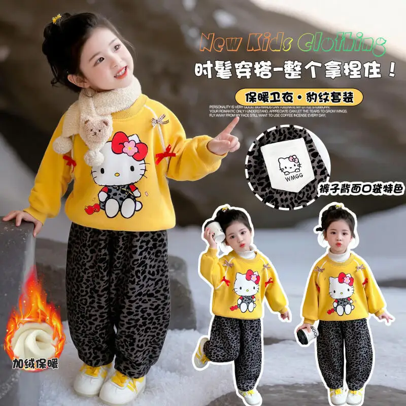 

Толстая толстовка с капюшоном «Hello Kitty» для девочек, 2 предмета, новая зимняя детская модная спортивная одежда с героями мультфильмов аниме, милая повседневная удобная одежда