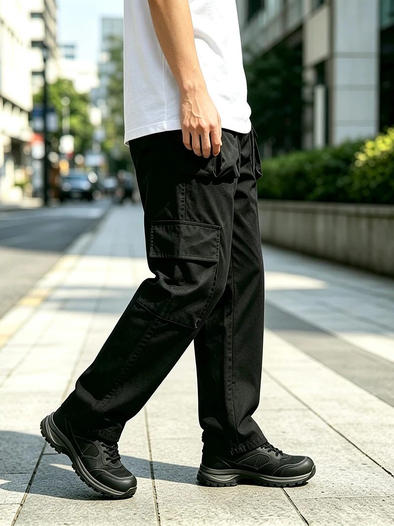 Herren-Cargohose mit mehreren Taschen, elastischem Bund und Kordelzug, locker geschnittene Hose mit geradem Bein, lässige Outdoor-Alltagshose für Frühling und Herbst – Detail 4