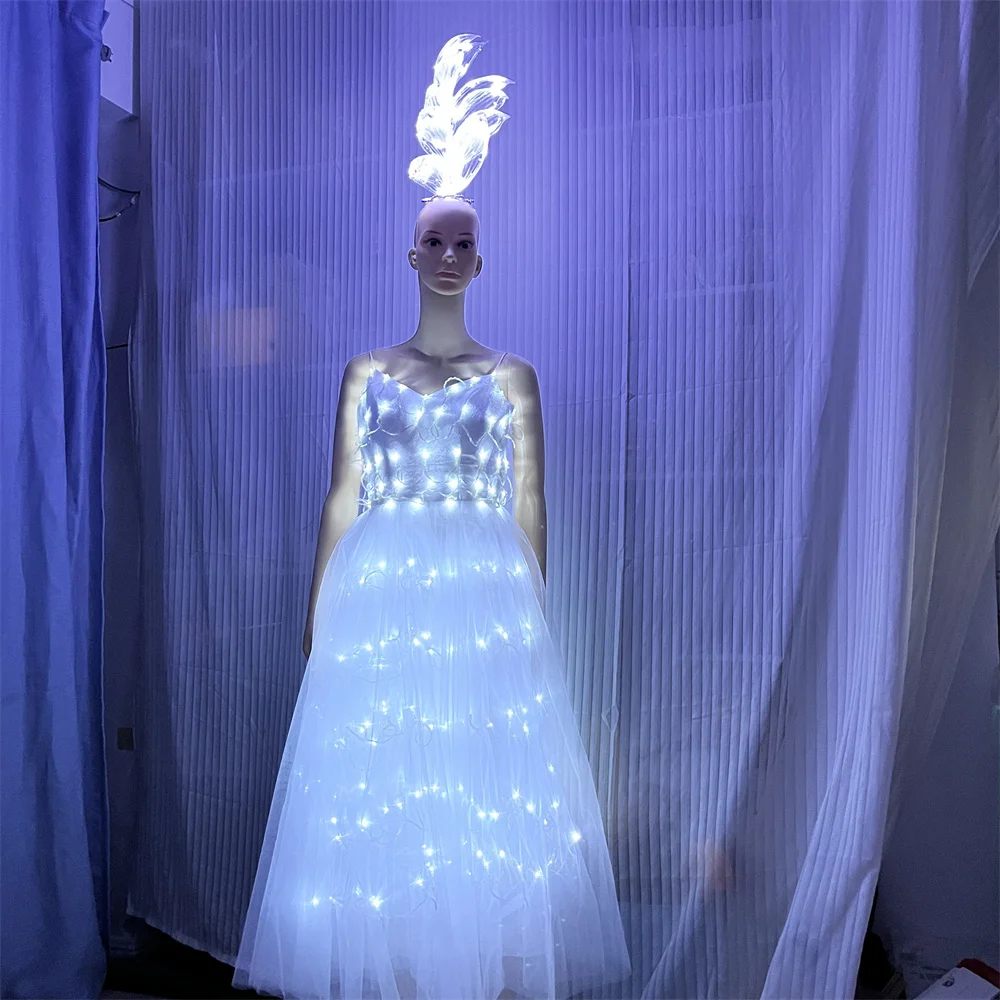 New White Color Led Wedding Dress Skirt, Stage Dance Performance Women Girl Costumes Clothes with Head Ornament