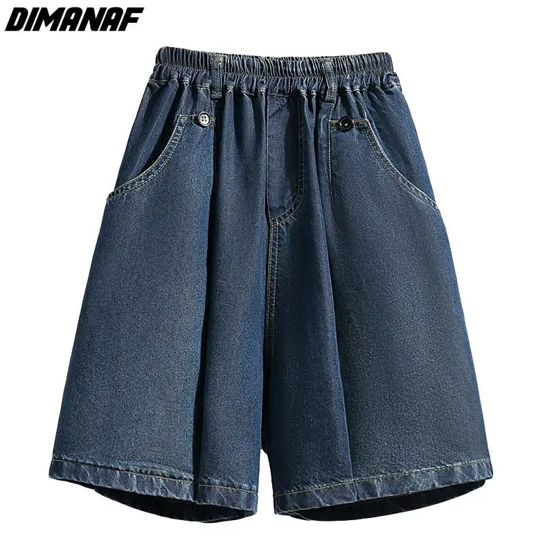 Dimanaf-Shorts jeans femininos grandes, cintura alta, cintura elástica, calça solta, jeans azul básico, plus size, verão, 2024