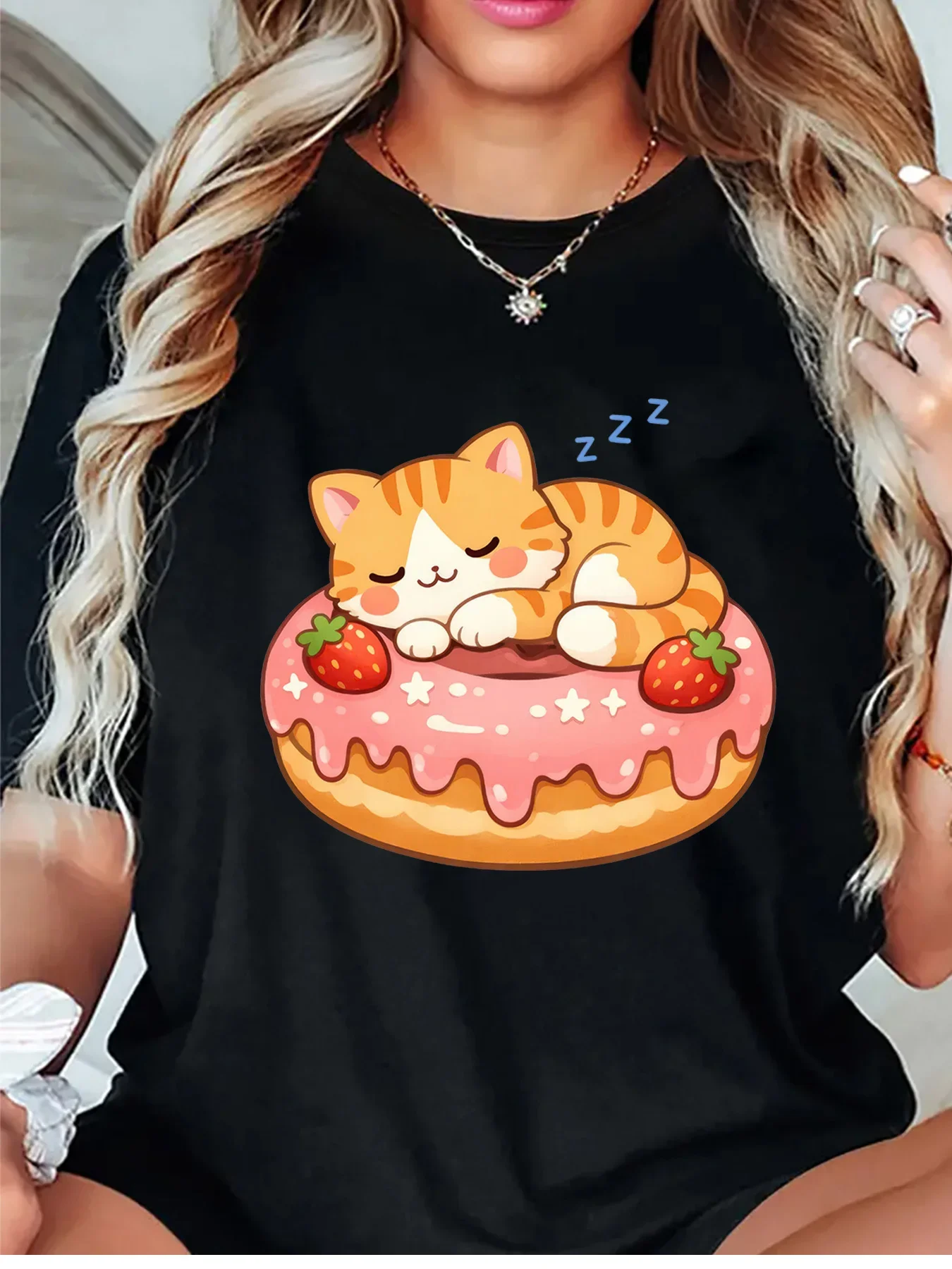 Sleeping Cat On Sweet Donut Strawberry Graphic Womens T Shirt Short Sleeve Crew Neck Cute Dessert Casual Daily Ladies Tee Tops