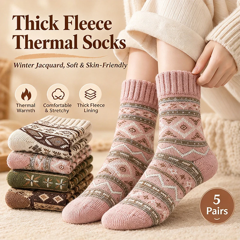 5 Pairs Socks Women Thick Fleece Lined Thermal Crew Socks Vintage Jacquard Knit Warm Autumn Winter Fashion Mid Calf Socks