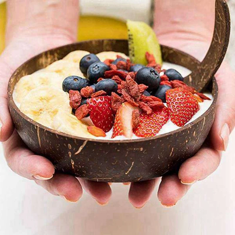 12-15Cm Coconut Bowl Handmade Coconut Shell Tableware Wood Spoon Dessert Salad Fruit Mixing Bowl Rice Ramen Bowl, 7PCS