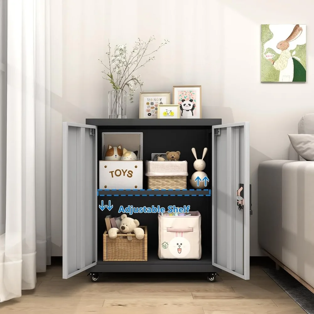 調節可能な棚板付きメタル収納キャビネット、扉とキャスター付き、狭いガレージスペース向け、安全なロックオプション付き