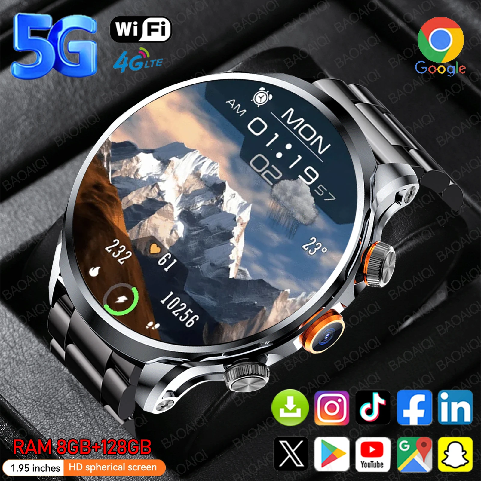 

5G/4G Smart Watch 1.95 inch 680*680 AMOLED Screen 8GB+128GB RAM 900W Camera GPS WIFI Google APPS Download Android 9.0 Smartwatch