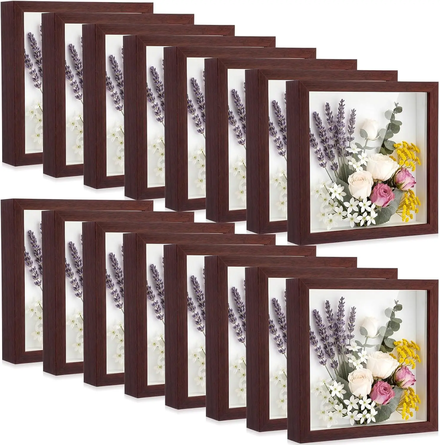 16 Pack Shadow Box Frames 10 x 10 Inch, Deep Case, Walnut | Deep Display for Wedding Bouquet Preservation, DIY Craft, Memorabili