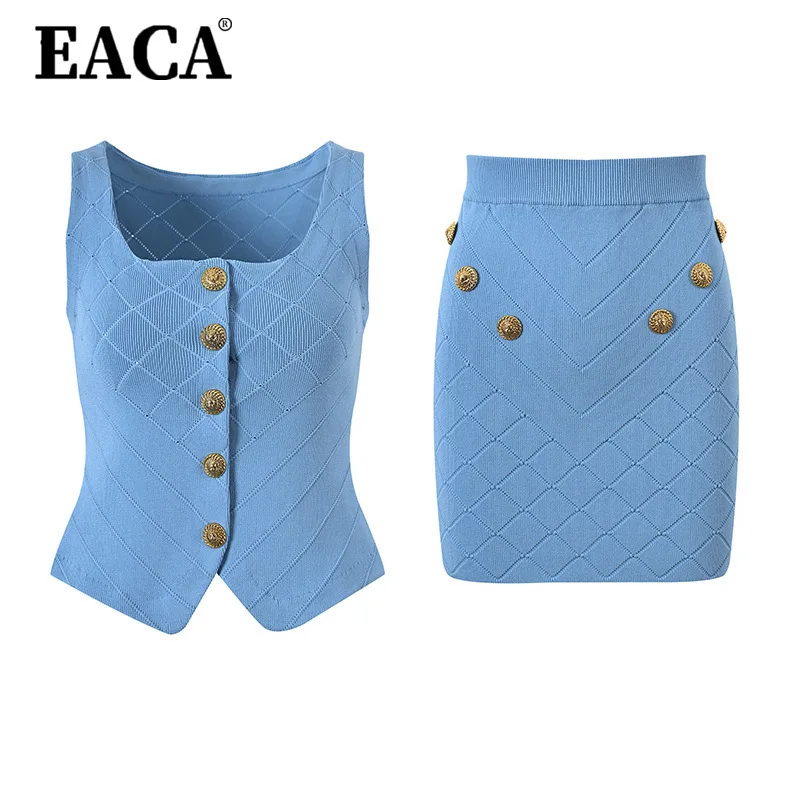 EACA 2024 Spring French Style Small Fragrance Gold Buckle Temperament Slimming And Slimming Sleeveless Knitted Vest+skirt Set