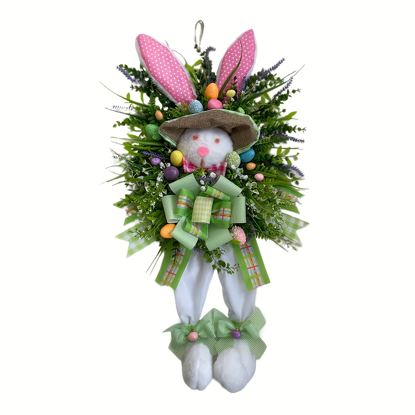 Flat Bunny Wreath with Eggs & Flowers. For Easter, Spring, Mother's Day & Christmas. No Electricity, Durable Decor.