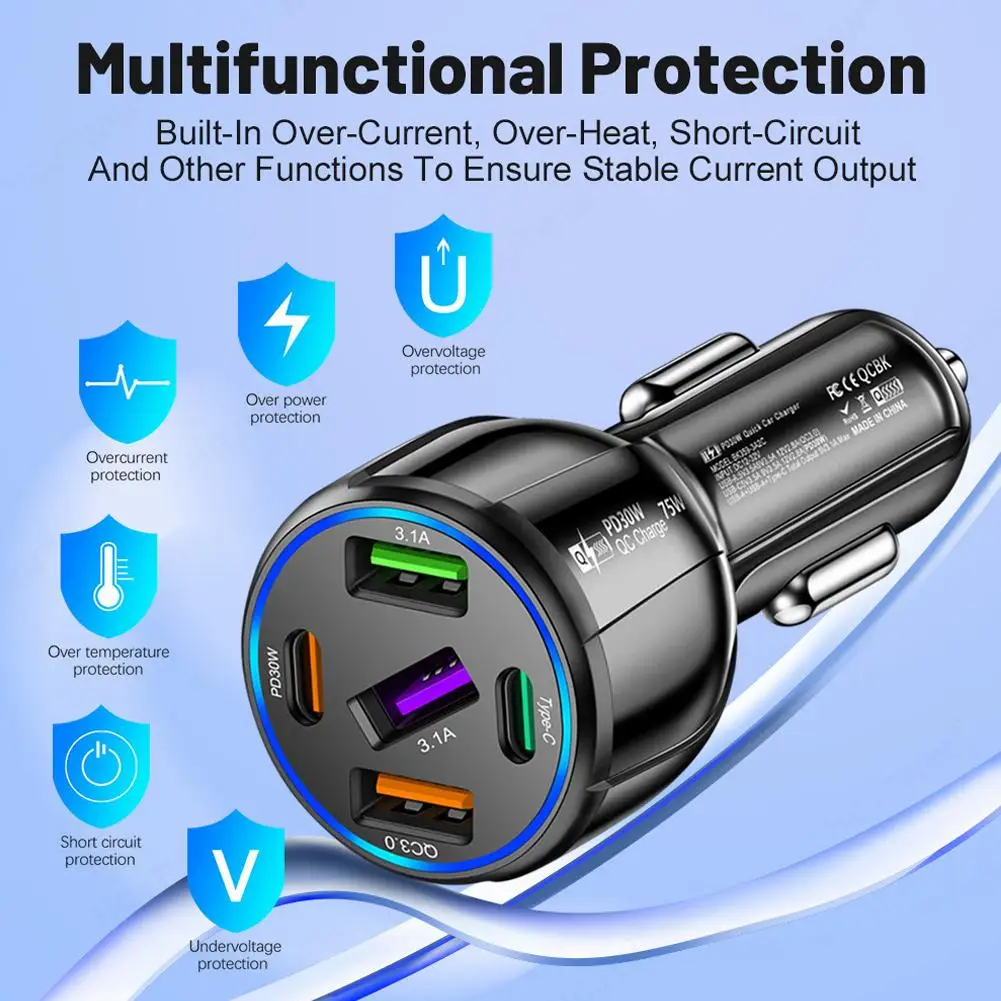 

75 Вт автомобильное зарядное устройство Usb 5 портов Qc3.0 Pd Тип C Быстрая зарядка прикуриватель Универсальный адаптер для Y6b4