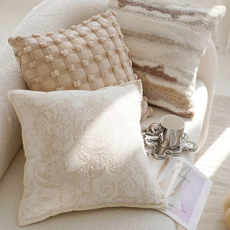 French Style Sofa Pillowcase Sample Room Backrest Cushion Cover Simple Creamy Pillow Home Decorative Polyester Fabric