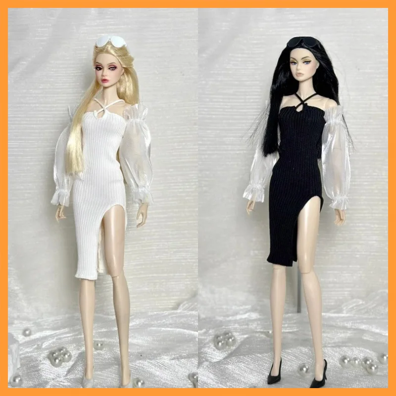 

1/6 Scale Sexy Temperament White Lantern Sleeves Tight Cross Neckline Sweater Dress Fit 30CM Barbi ppfr Action Figure Dolls