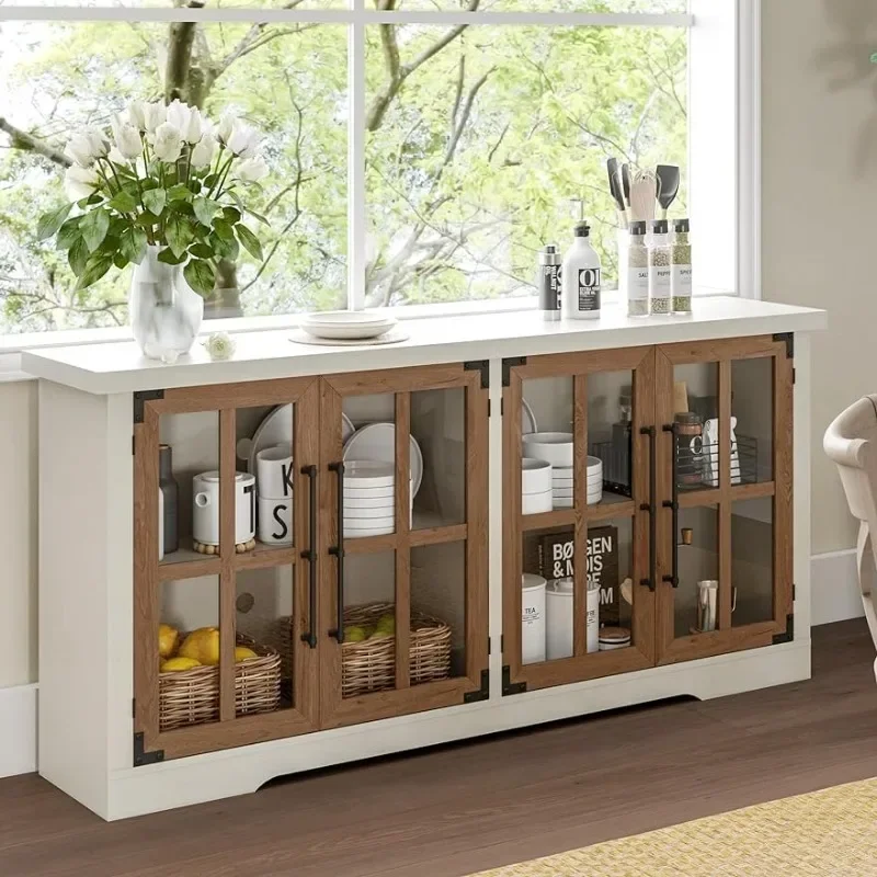 

63" Buffet Sideboard Cabinet with Storage, Modern Farmhouse Cabinet with 4 Glass Doors & Adjustable Shelf