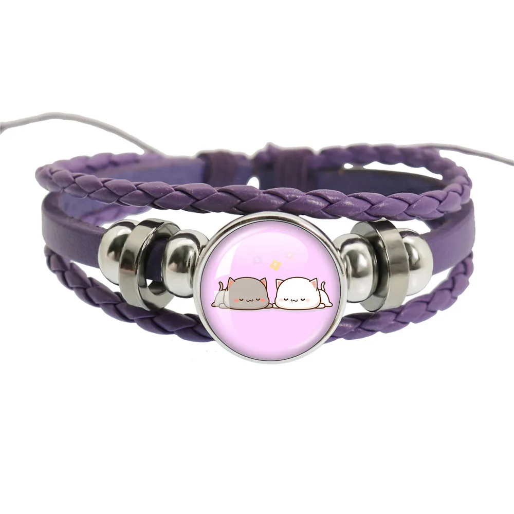 Net Red Cute Couple Mitao Cat Purple Leather Bracelet Glass Cabochon Button Bangles Wristband Fashion Jewelry Gifts For Friends