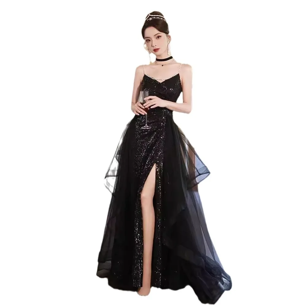 Black banquet evening dress for women new temperament dinner dress