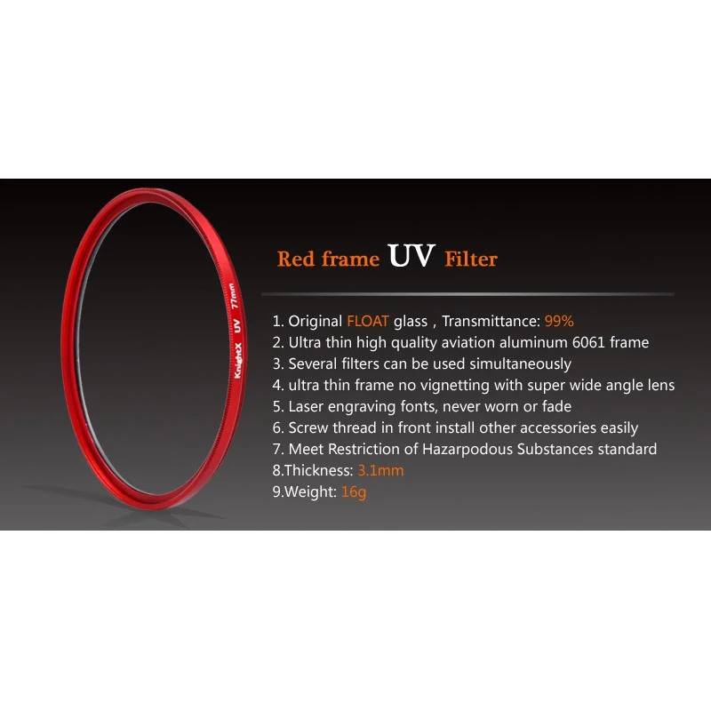 KnightX Red Frame UV Filter Lens Protector 49mm 52mm 55mm 58mm 62mm 67mm 72mm 77mm For Fuji Sony Canon Photography Accessories