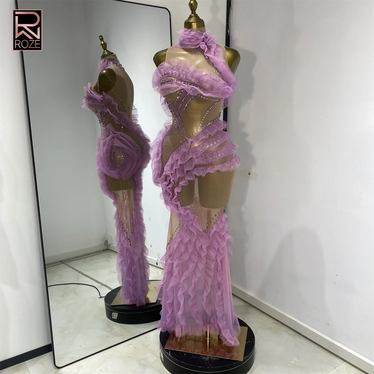 Vestido Maxi Roxo com Decote Halter em Tule Transparente com Renda e Strass para Mulheres, Vestido Sexy para Festas e Clubes