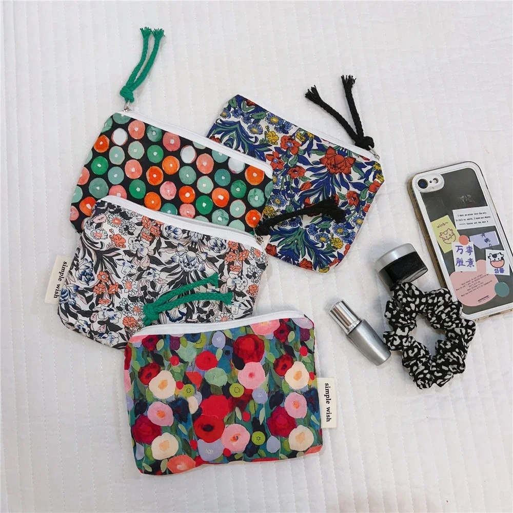 Retro Zipper Coin Purse Floral Print Small Cosmetic Bag Makeup Bag Key Data Cable Storage Bag Canvas Coin Pouch Card Holder Bags