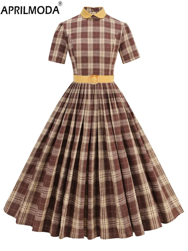 Classical England Style Vintage Casual Pleated Women's Dress Elegant Office Plaid Print Turn Down Collar Holiday Party Dresses