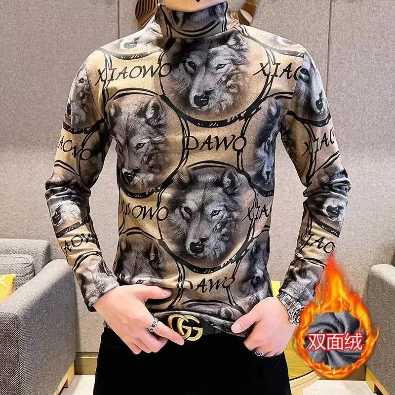 

2025 New German Vel Half Turtleneck Autumn and Winter Fashionable Printed Inner Long-sleeved T-shirt Double-sided Velvet Trendy