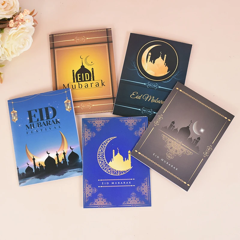 

5pcs Eid Mubarak Paper Greeting Cards Ramadan Kareem Moon Mosque Pattern Islam Muslim Festival Greetings Gift Decoration