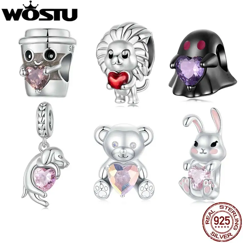

WOSTU S925 Стерлингового Серебра Кофейная Чашка Бусина Лев Медведь Шарм С Сердцем Циркон, Фиолетовый Циркон Черный Призрачный Бусина DIY Изготовление Ювелирных Изделий